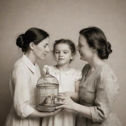 Create an image of two women facing each other sideways. One woman is tenderly holding a child, and the other woman is carefully holding a bird cage.