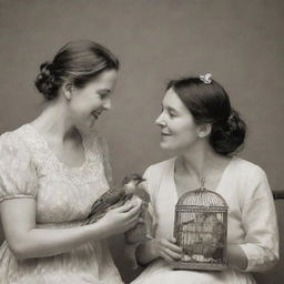 Create an image of two women facing each other sideways. One woman is tenderly holding a child, and the other woman is carefully holding a bird cage.