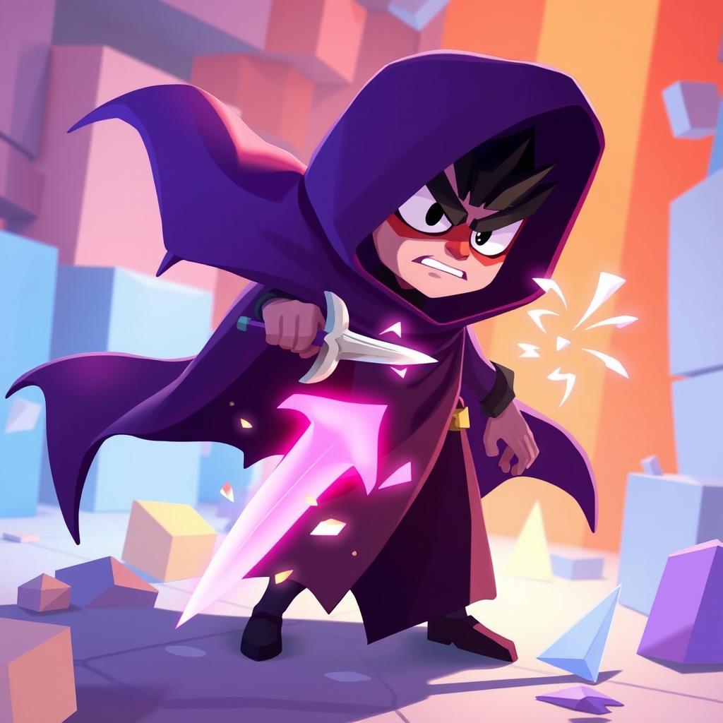 A menacing cloak character inspired by the game 'Battle of Polytopia', depicted as an ethereal figure with a flowing cloak in shades of deep purple and black, positioned dramatically with one hand extended, driving a shimmering dagger into an unsuspecting target's back