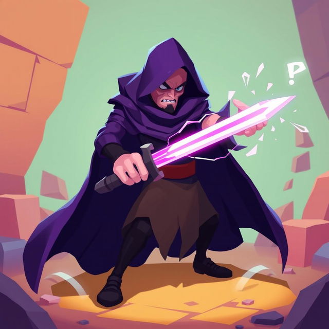 A menacing cloak character inspired by the game 'Battle of Polytopia', depicted as an ethereal figure with a flowing cloak in shades of deep purple and black, positioned dramatically with one hand extended, driving a shimmering dagger into an unsuspecting target's back