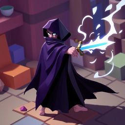 A menacing cloak character inspired by the game 'Battle of Polytopia', depicted as an ethereal figure with a flowing cloak in shades of deep purple and black, positioned dramatically with one hand extended, driving a shimmering dagger into an unsuspecting target's back