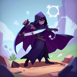 A menacing cloak character inspired by the game 'Battle of Polytopia', depicted as an ethereal figure with a flowing cloak in shades of deep purple and black, positioned dramatically with one hand extended, driving a shimmering dagger into an unsuspecting target's back