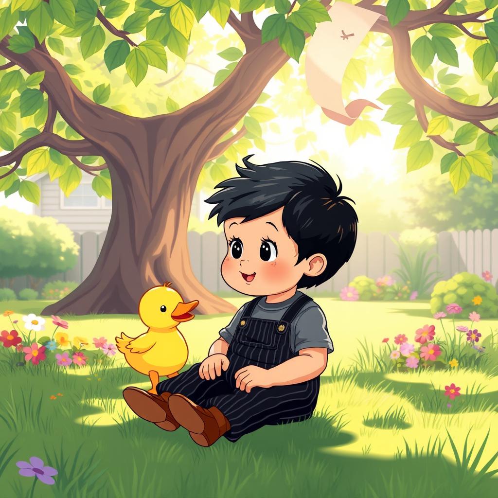 A vibrant cartoon illustration of a 10-month-old baby boy with thick black hair, sitting beneath a large, whimsical tree in a sunny yard