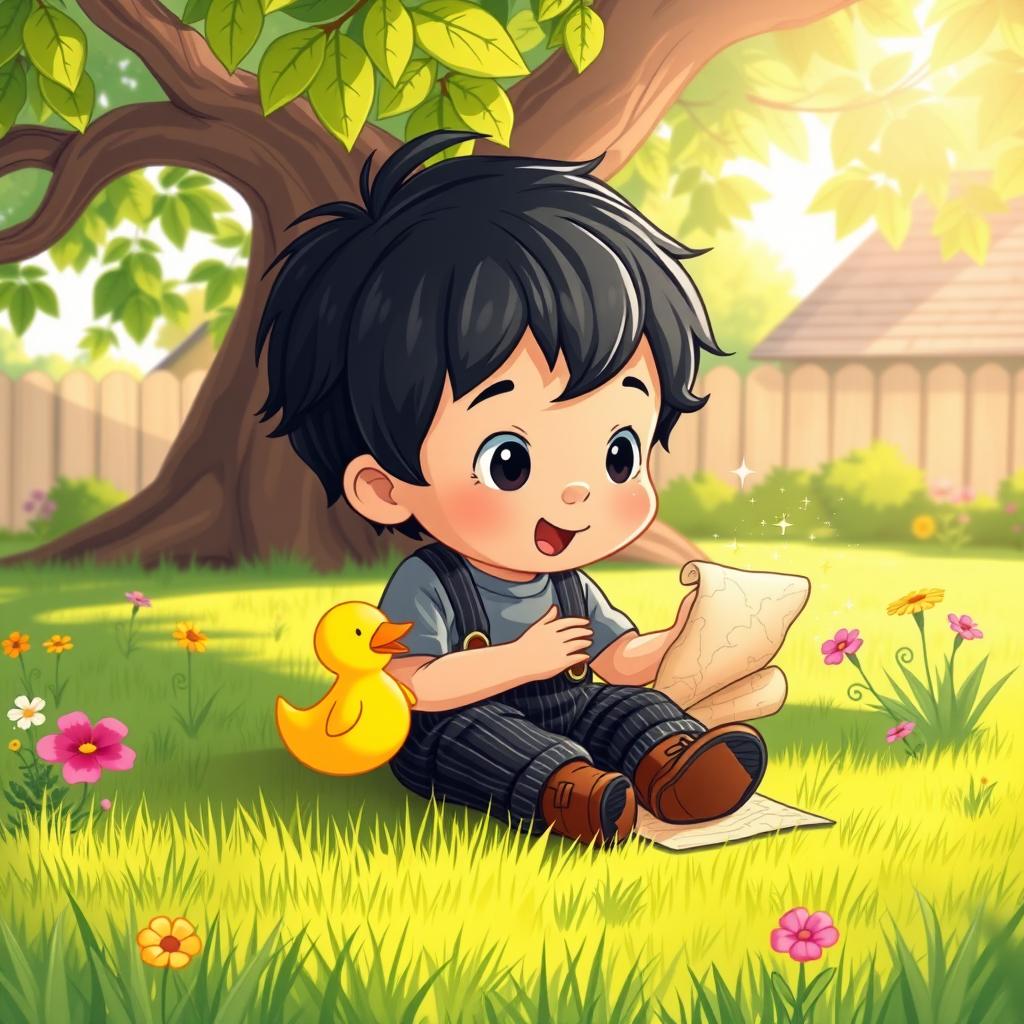 A vibrant cartoon illustration of a 10-month-old baby boy with thick black hair, sitting beneath a large, whimsical tree in a sunny yard