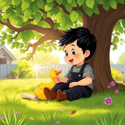 A vibrant cartoon illustration of a 10-month-old baby boy with thick black hair, sitting beneath a large, whimsical tree in a sunny yard