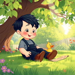 A vibrant cartoon illustration of a 10-month-old baby boy with thick black hair, sitting beneath a large, whimsical tree in a sunny yard