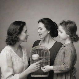 Create an image of two women facing each other sideways. One woman is tenderly holding a child, and the other woman is carefully holding a bird cage.