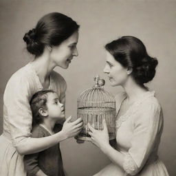 Create an image of two women facing each other sideways. One woman is tenderly holding a child, and the other woman is carefully holding a bird cage.