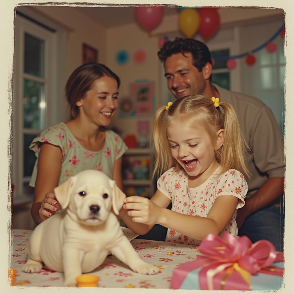 A candid, discolored polaroid picture capturing a joyful scene of a 6-year-old girl with blonde pigtails, exuberantly tearing open a birthday present at a classic 90s American home children's party