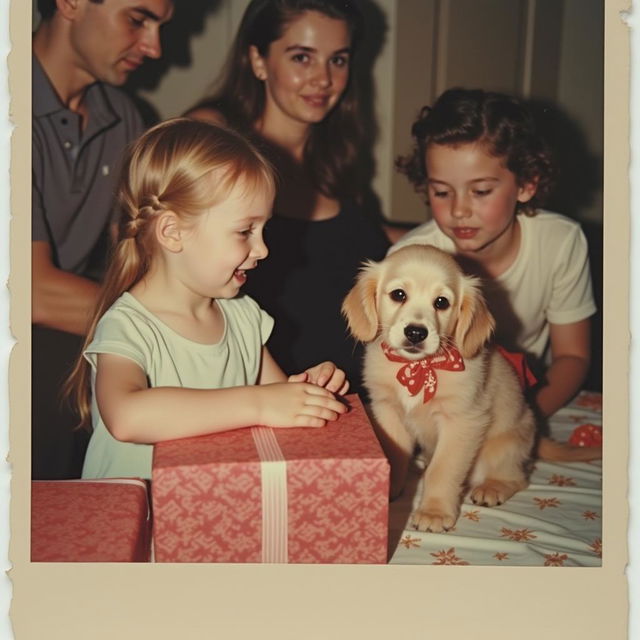 Candid polaroid picture discoloured of 6 year old girl opening birthday present at 90s American home childrens party