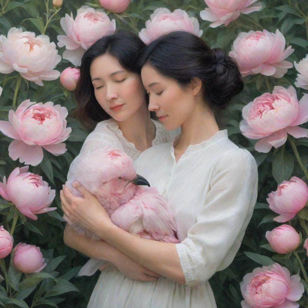 Paint an image of two women facing each other sideways in front of a backdrop of nature filled with peonies. One woman gently cradling a child, while the other holds a bird cage.