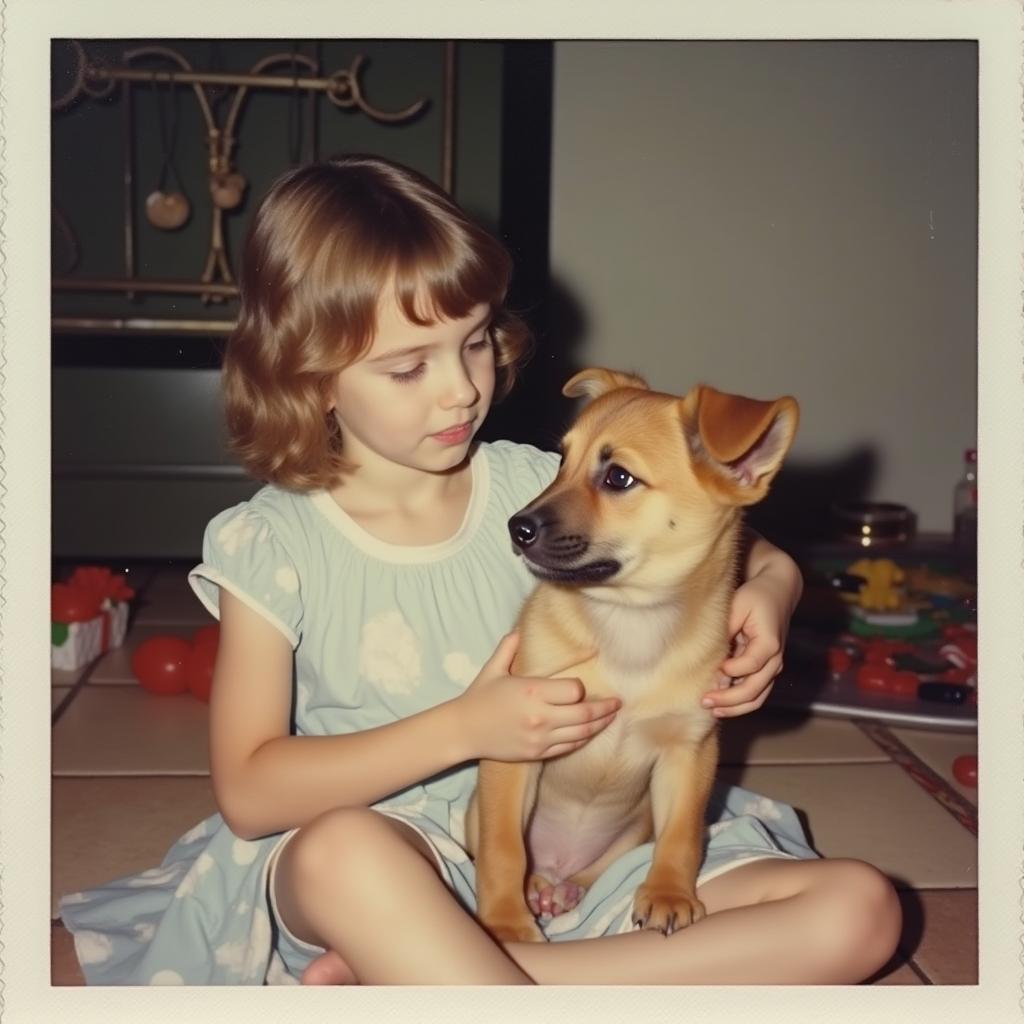 Candid polaroid picture discoloured of 6 year old girl opening birthday present at 90s American home childrens party