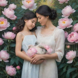 Paint an image of two women facing each other sideways in front of a backdrop of nature filled with peonies. One woman gently cradling a child, while the other holds a bird cage.