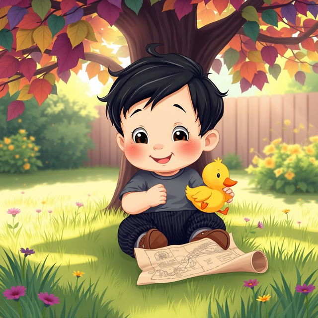 A charming cartoon illustration of a 10-month-old baby boy with thick black hair, sitting under a large, colorful tree in a sunny yard