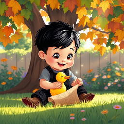 A charming cartoon illustration of a 10-month-old baby boy with thick black hair, sitting under a large, colorful tree in a sunny yard