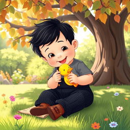 A charming cartoon illustration of a 10-month-old baby boy with thick black hair, sitting under a large, colorful tree in a sunny yard