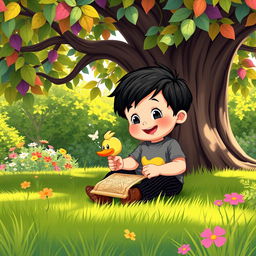 A charming cartoon illustration of a 10-month-old baby boy with thick black hair, sitting under a large, colorful tree in a sunny yard