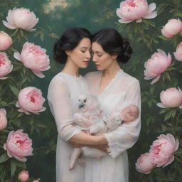 Paint an image of two women facing each other sideways in front of a backdrop of nature filled with peonies. One woman gently cradling a child, while the other holds a bird cage.