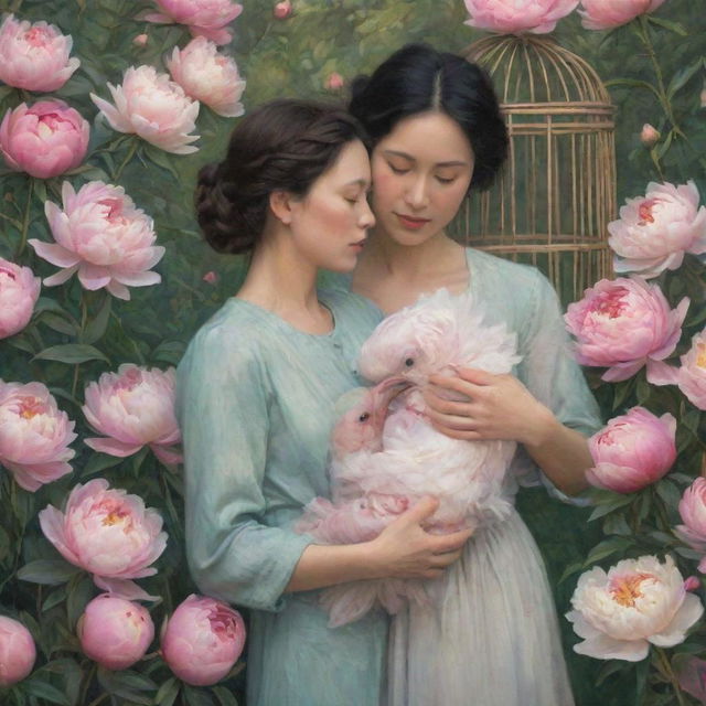 Paint an image of two women facing each other sideways in front of a backdrop of nature filled with peonies. One woman gently cradling a child, while the other holds a bird cage.