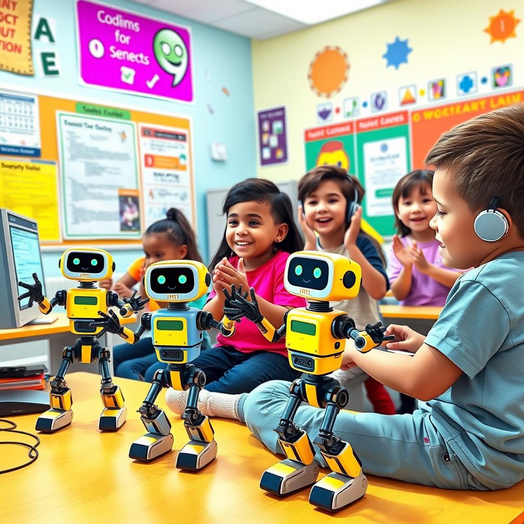 A vibrant and fun scene depicting a group of kids in a bright, colorful classroom, enthusiastically coding small robots