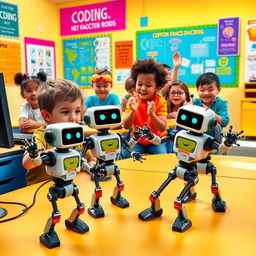 A vibrant and fun scene depicting a group of kids in a bright, colorful classroom, enthusiastically coding small robots