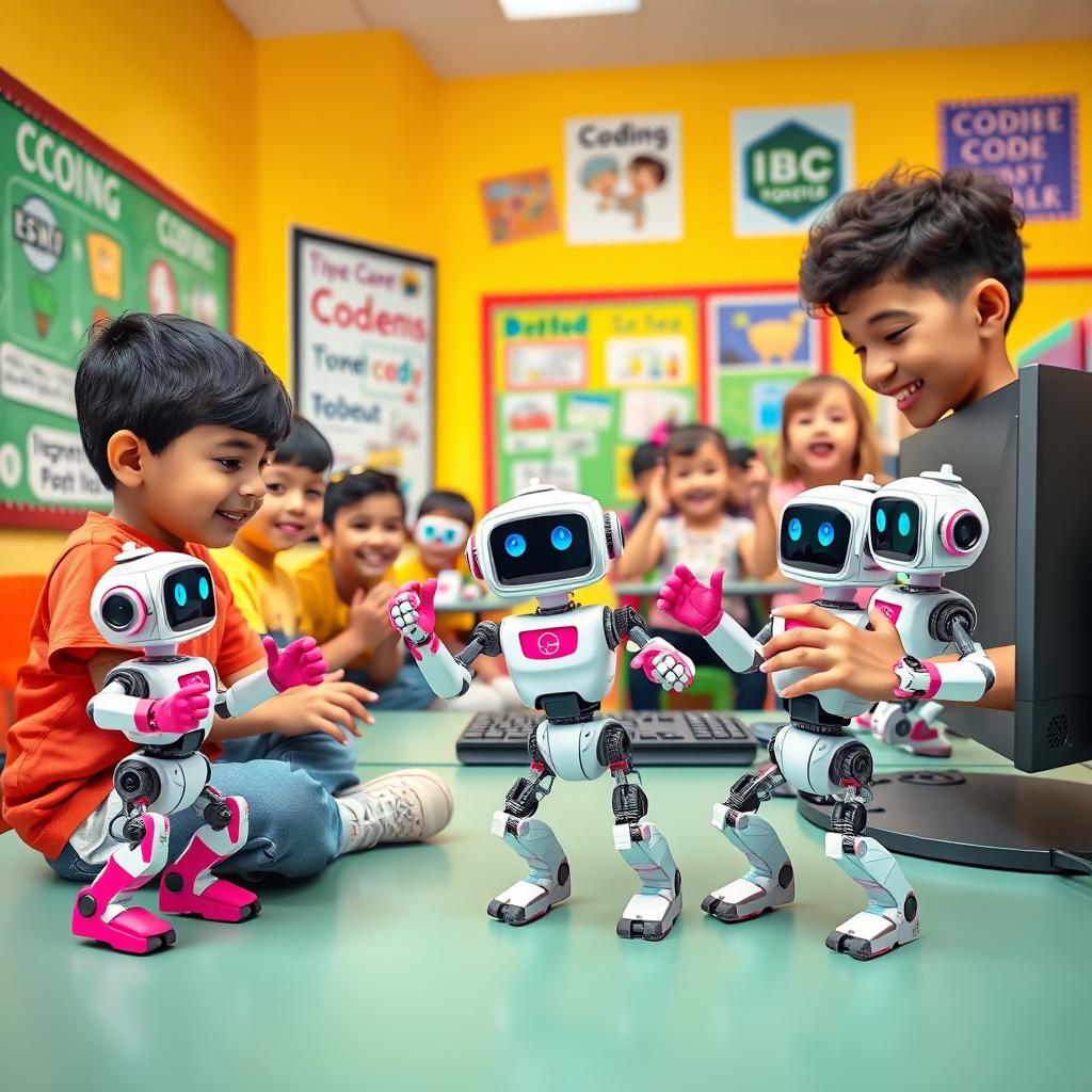 A vibrant and fun scene depicting a group of kids in a bright, colorful classroom, enthusiastically coding small robots