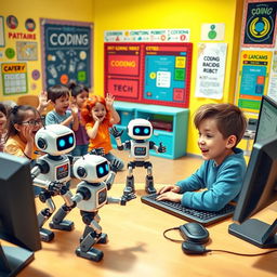 A vibrant and fun scene depicting a group of kids in a bright, colorful classroom, enthusiastically coding small robots