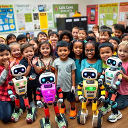 A lively class of children, all thoroughly engaged and smiling, surrounded by colorful and fun robot toys equipped with sensors and lights