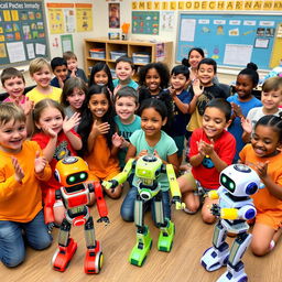 A lively class of children, all thoroughly engaged and smiling, surrounded by colorful and fun robot toys equipped with sensors and lights