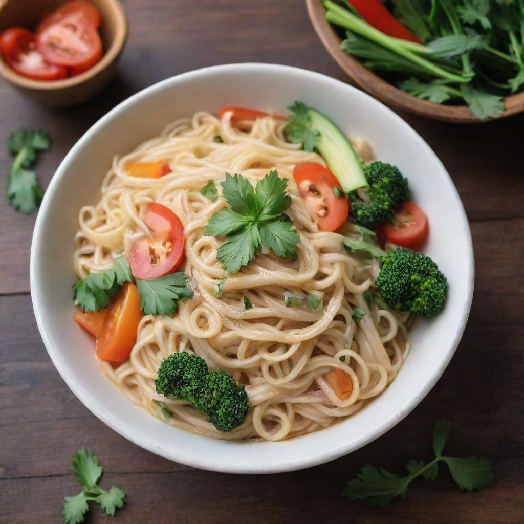 A vibrant bowl of steaming noodles garnished with fresh vegetables and herbs, served on a rustic wooden table.