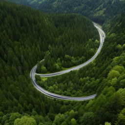 A frontal view of a long freeway, gracefully winding its way through a densely forested landscape with colossal, moss-covered boulders lining its sides.