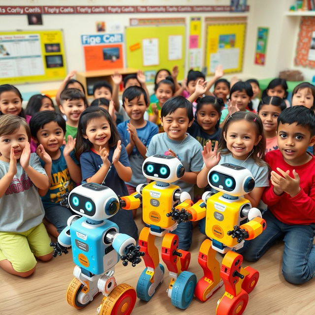 A lively class of children, all thoroughly engaged and smiling, surrounded by colorful and fun robot toys equipped with sensors and lights