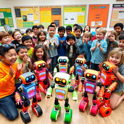 A lively class of children, all thoroughly engaged and smiling, surrounded by colorful and fun robot toys equipped with sensors and lights