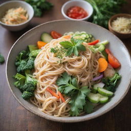 A vibrant bowl of steaming noodles garnished with fresh vegetables and herbs, served on a rustic wooden table.