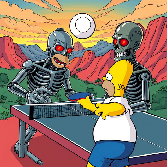 A dynamic scene of Homer Simpson, characterized by his round figure and yellow skin, energetically playing table tennis against the Terminator, who has a metallic, robotic physique with glowing red eyes