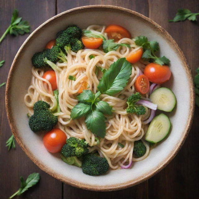 A vibrant bowl of steaming noodles garnished with fresh vegetables and herbs, served on a rustic wooden table.