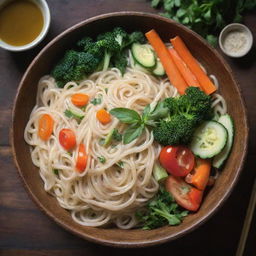 A vibrant bowl of steaming noodles garnished with fresh vegetables and herbs, served on a rustic wooden table.