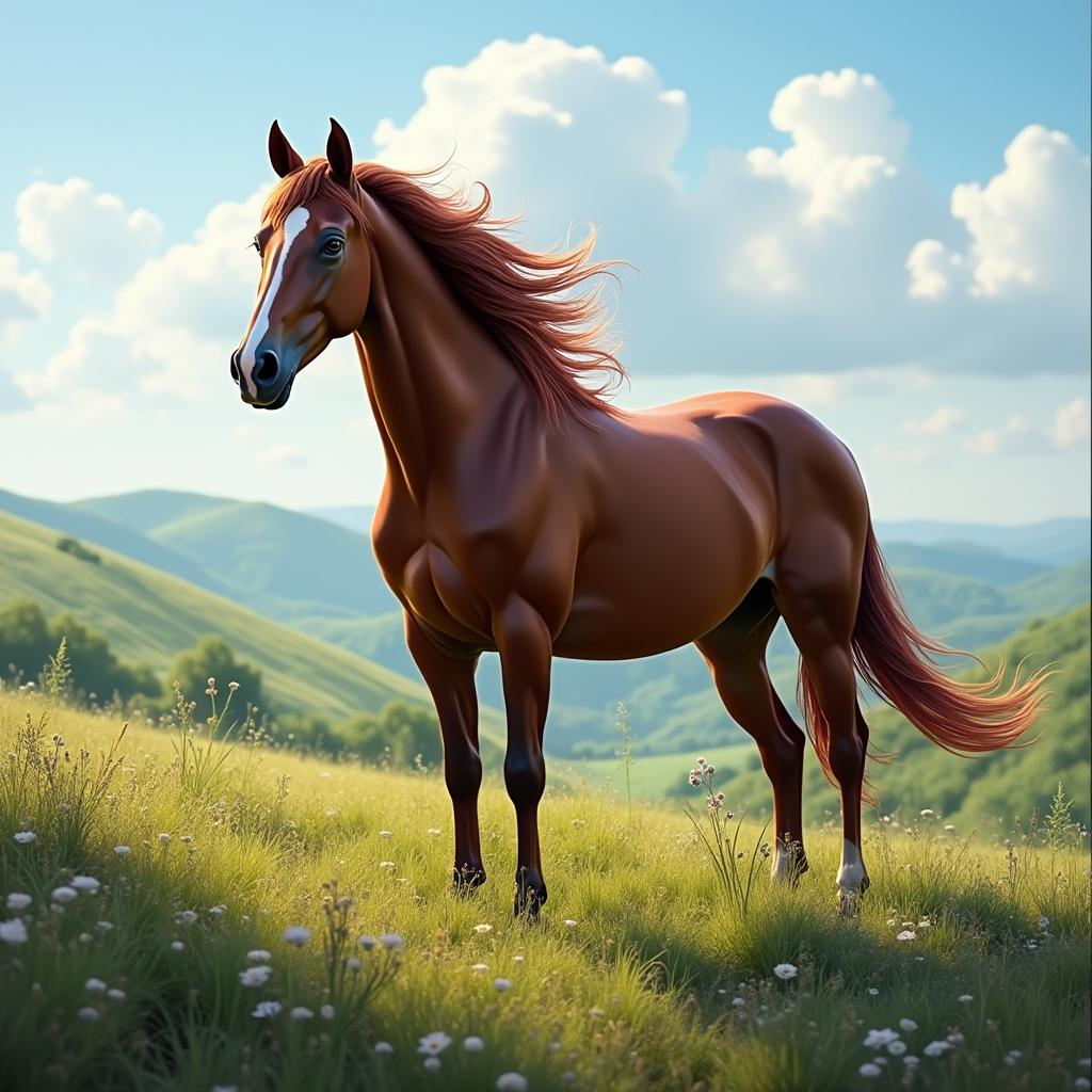 A majestic horse standing in a picturesque landscape, with a flowing mane that catches the gentle breeze