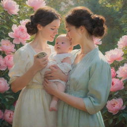 Produce a painting of two women in profile, facing each other against a background of nature flourishing with peonies under a radiant sun. One woman is warmly holding a child; the other woman is grasping a bird cage.