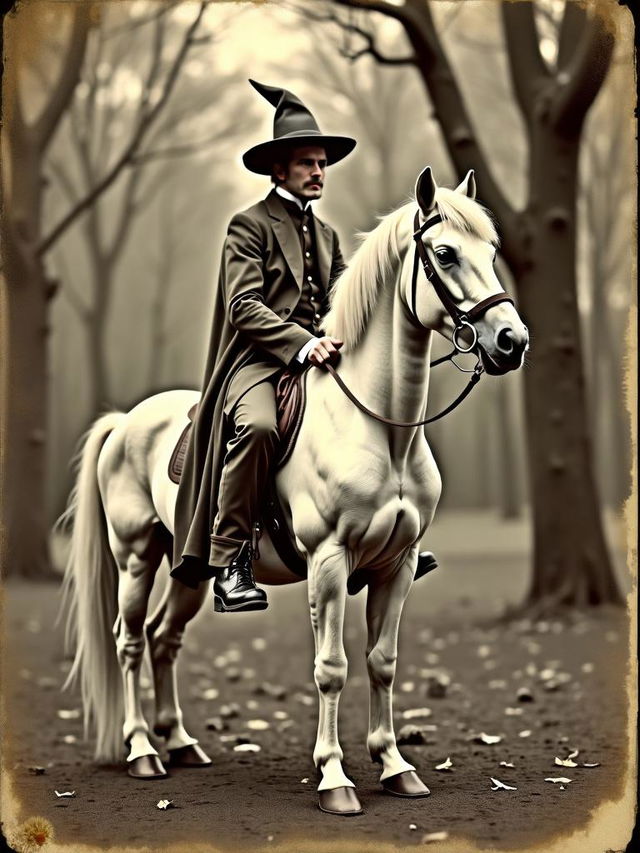 A distressed antique photograph taken in Epping Forest in 1912, portraying a whimsical scene of a photo wizard riding a beautiful unicorn