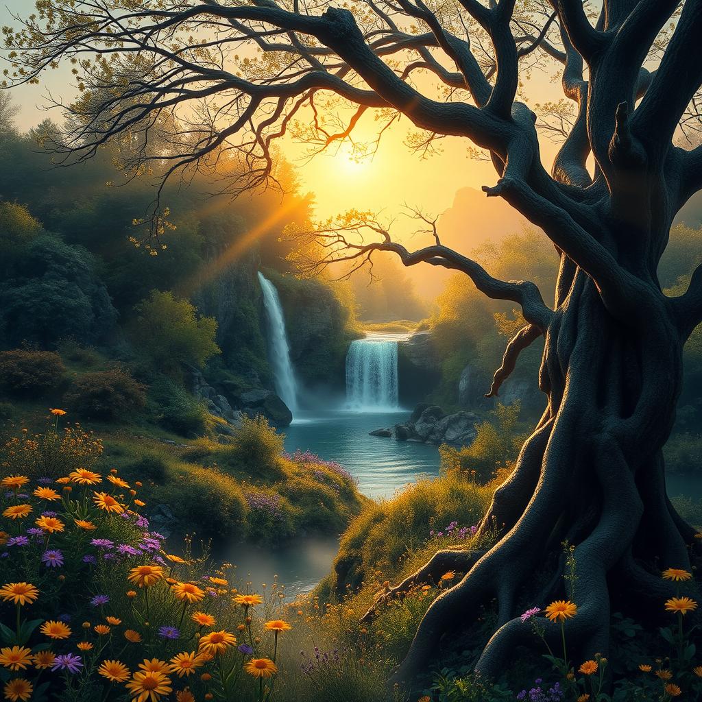 A mystical landscape showcasing a golden sunrise over a lush, enchanted forest