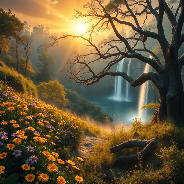 A mystical landscape showcasing a golden sunrise over a lush, enchanted forest