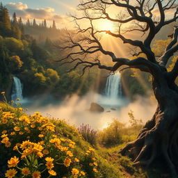 A mystical landscape showcasing a golden sunrise over a lush, enchanted forest