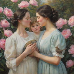 Produce a painting of two women in profile, facing each other against a background of nature flourishing with peonies under a radiant sun. One woman is warmly holding a child; the other woman is grasping a bird cage.