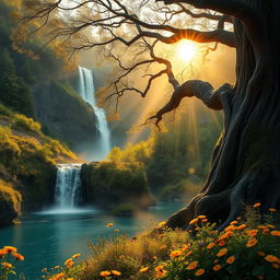 A mystical landscape showcasing a golden sunrise over a lush, enchanted forest