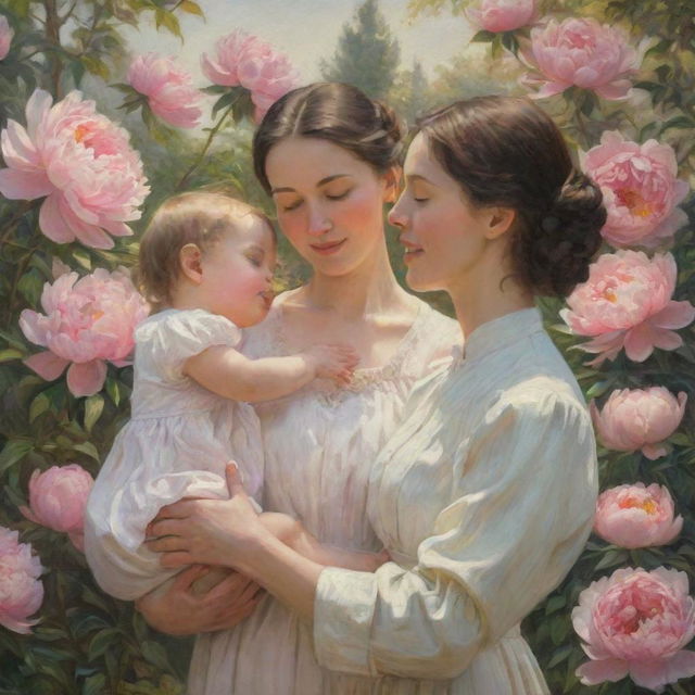 Produce a painting of two women in profile, facing each other against a background of nature flourishing with peonies under a radiant sun. One woman is warmly holding a child; the other woman is grasping a bird cage.