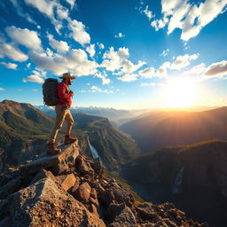 An adventurous scene featuring a bold, fearless explorer standing atop a rugged mountain peak, overlooking a breathtaking vista filled with lush valleys, cascading waterfalls, and distant snow-capped mountains