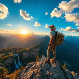 An adventurous scene featuring a bold, fearless explorer standing atop a rugged mountain peak, overlooking a breathtaking vista filled with lush valleys, cascading waterfalls, and distant snow-capped mountains