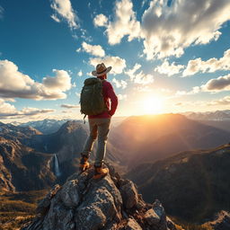 An adventurous scene featuring a bold, fearless explorer standing atop a rugged mountain peak, overlooking a breathtaking vista filled with lush valleys, cascading waterfalls, and distant snow-capped mountains