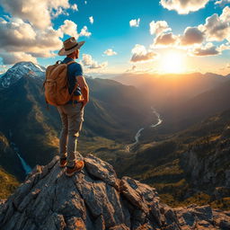 An adventurous scene featuring a bold, fearless explorer standing atop a rugged mountain peak, overlooking a breathtaking vista filled with lush valleys, cascading waterfalls, and distant snow-capped mountains